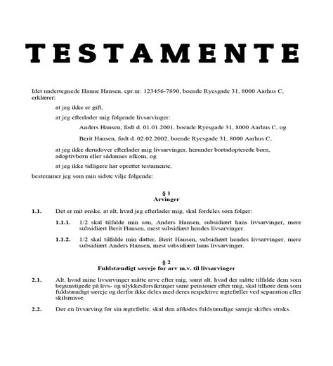 Testamente skabelon